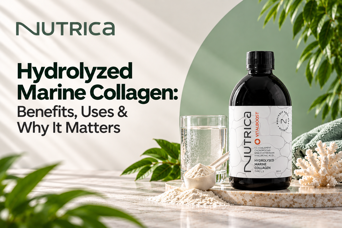 Nutrica hydrolyzed marine collagen supplement bottle with collagen powder and water, illustrating its benefits and uses.