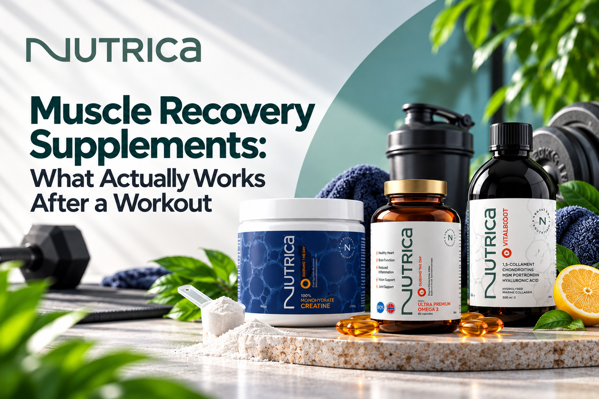 Nutrica muscle recovery supplements featuring creatine, omega 3 and hydrolyzed marine collagen with fitness equipment and workout accessories.