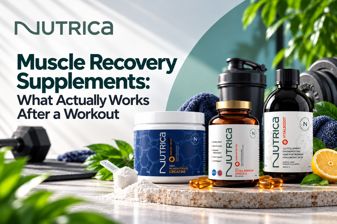 Nutrica muscle recovery supplements featuring creatine, omega 3 and hydrolyzed marine collagen with fitness equipment and workout accessories.