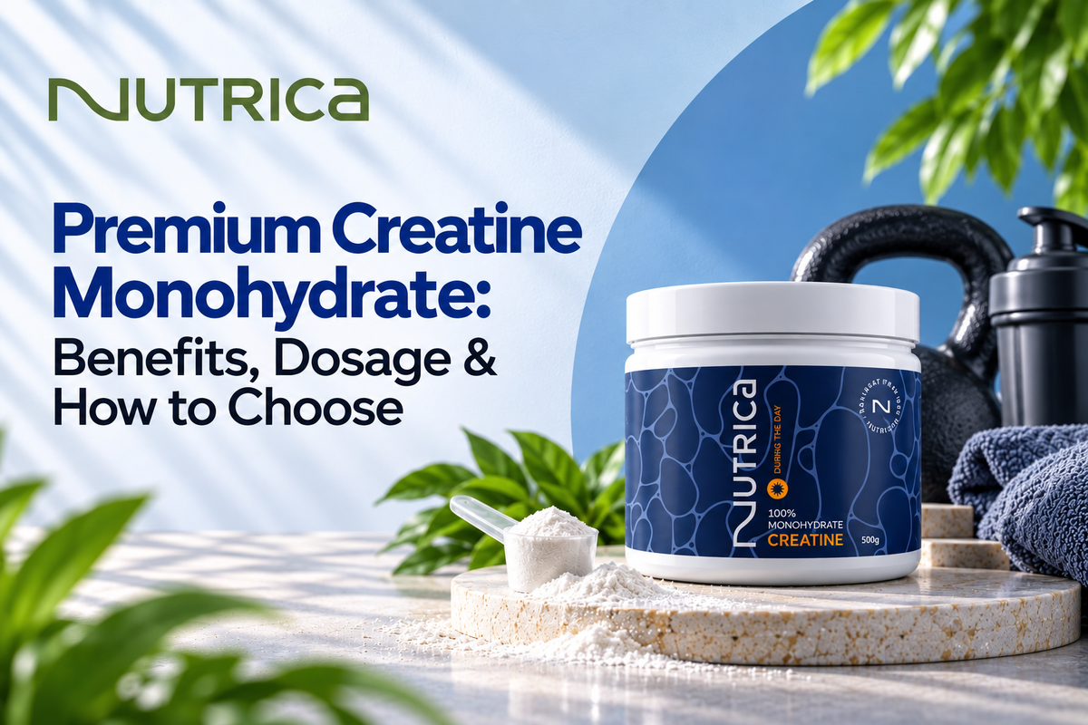 Nutrica premium creatine monohydrate supplement tub with creatine powder and scoop, illustrating benefits, dosage and selection tips