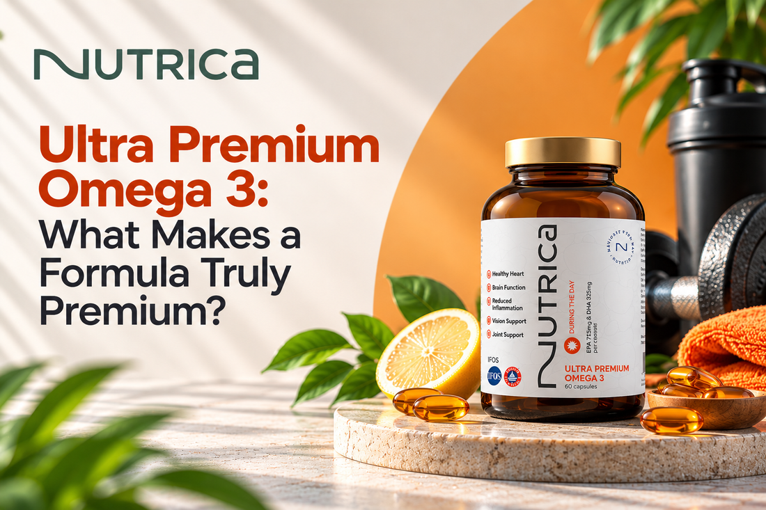 Nutrica Ultra Premium Omega 3 supplement bottle with omega-3 softgel capsules, lemon and fitness accessories in a sports nutrition setting.